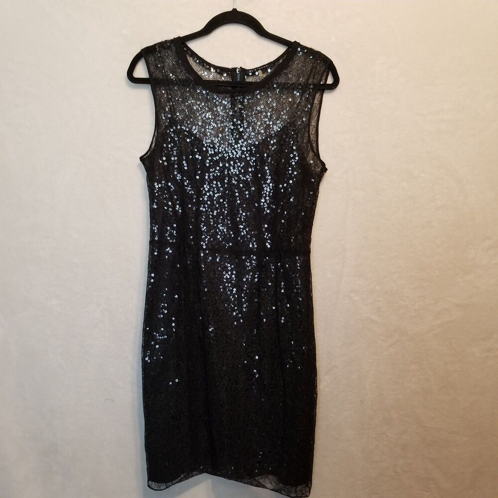 Elie Tahari 8 Dress Above Knee Black Sequin Sheer Lace Lined Whimsigoth Cocktail